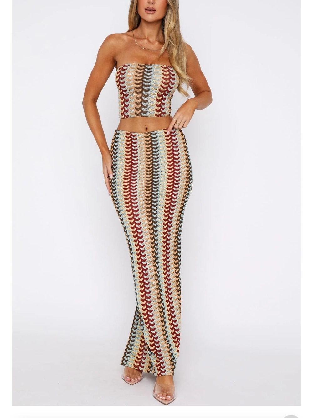 White Fox Boutique Multi-Stripe Chevron Knit Maxi Skirt - Rust, Cream, Blue